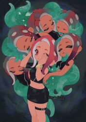 Rule 34 | 20cm snow, 5girls, agent 8 (splatoon), aqua hair, arm behind head, belt, black belt, black shirt, black skirt, breasts, clone, closed eyes, closed mouth, commentary request, cowboy shot, crop top, dark-skinned female, dark skin, hand over eye, highres, leg belt, long hair, midriff, multicolored hair, multiple girls, navel, nintendo, octoling, octoling girl, octoling player character, one eye covered, parted lips, pencil skirt, red eyes, red hair, shirt, single bare shoulder, single sleeve, skirt, slime (substance), small breasts, splatoon (series), splatoon 2, splatoon 2: octo expansion, suction cups, surreal, tentacle hair, tentacles, twitter username, two-tone hair, wristband, zipper
