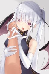 Rule 34 | breasts, china dress, chinese clothes, commentary request, demon girl, demon wings, doyachii, dress, elbow gloves, fang, gloves, hair ornament, highres, holding own arm, long hair, looking at viewer, open mouth, original, partial commentary, red eyes, simple background, twintails, vampire, white hair, wings
