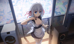 Rule 34 | 1girl, absurdres, aoi kao (lsz7106), apron, balcony, black dress, blue dress, blue eyes, breasts, cleavage, commentary request, cowboy shot, date a live, detached collar, dress, expressionless, frilled apron, frilled dress, frills, from above, garter straps, hair between eyes, hand up, highres, looking at viewer, maid, maid headdress, medium hair, red ribbon, ribbon, silver hair, small breasts, solo, thighhighs, tobiichi origami, waist apron, white apron, white thighhighs