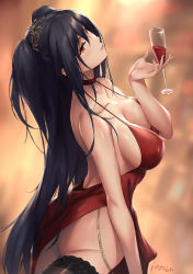 Rule 34 | 1girl, ahoge, alcohol, ass, azur lane, bare shoulders, black hair, black thighhighs, breasts, champagne, champagne flute, choker, cleavage, cocktail dress, collarbone, commentary request, cowboy shot, crossed bangs, cup, cupping glass, dress, drinking glass, hair between eyes, highres, large breasts, lips, long hair, looking at viewer, official alternate costume, parfaitlate, parted lips, red choker, red dress, red eyes, shiny skin, side slit, solo, taihou (azur lane), taihou (forbidden feast) (azur lane), thighhighs, twintails, very long hair