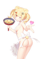 Rule 34 | &gt; &lt;, 1girl, ;o, absurdres, animal ears, apron, ass, ass focus, bear ears, bear tail, blonde hair, blowing kiss, blush, breasts, cowboy shot, frilled apron, frills, frying pan, hair ornament, hairclip, heart, highres, holding, looking at viewer, looking back, medium breasts, muji (majunduo), naked apron, no panties, one eye closed, original, pointing, pointing forward, ribbon, short twintails, sideboob, sidelocks, simple background, solo, tail, thighs, twintails, underwear, white background, white ribbon, wink, yellow eyes