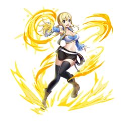 Rule 34 | 1girl, artist request, blonde hair, boots, breasts, brown eyes, cleavage, detached sleeves, fairy tail, full body, hair between eyes, large breasts, looking at viewer, lucy heartfilia, midriff, miniskirt, navel, official art, open mouth, skirt, solo, strapless, teeth, thighhighs, tongue, transparent background, tube top, twintails, valkyrie connect