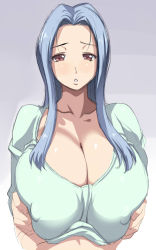 Rule 34 | 1girl, blue hair, breasts, brown eyes, cleavage, copyright request, huge breasts, kloah, long hair, paizuri, paizuri under clothes, penis under another&#039;s clothes