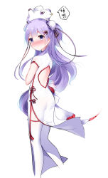 Rule 34 | 1girl, ahoge, animal, animal on head, ass, azur lane, back cutout, backless dress, backless outfit, black bow, black ribbon, blush, bow, bun cover, china dress, chinese clothes, closed mouth, clothing cutout, double bun, dress, embarrassed, feet out of frame, flower knot, from behind, hair between eyes, hair bun, hair ornament, hair ribbon, linhe de chuangzi, long hair, looking at viewer, looking back, looking to the side, nose blush, on head, one side up, pelvic curtain, purple eyes, purple hair, ribbon, short sleeves, side slit, sidelocks, simple background, smile, solo, speech bubble, standing, stuffed animal, stuffed toy, stuffed winged unicorn, tassel, thighhighs, unicorn, unicorn (azur lane), unicorn (the gift of spring) (azur lane), unicorn (the gift of spring) (azur lane), very long hair, white background, white dress, white thighhighs, wrist cuffs