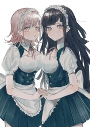 Rule 34 | 2girls, alternate costume, apron, bad id, bad twitter id, bandages, black hair, blunt bangs, blush, breasts, brown eyes, buttons, commentary, danganronpa (series), danganronpa 2: goodbye despair, double-breasted, dress, enmaided, frills, from side, grey eyes, highres, holding hands, interlocked fingers, long hair, looking at viewer, maid, maid headdress, medium breasts, medium hair, mole, mole under eye, multiple girls, nanami chiaki, neck ribbon, nokoru sora, open mouth, puffy short sleeves, puffy sleeves, ribbon, short sleeves, simple background, symbol-only commentary, teeth, tsumiki mikan, upper teeth only, wavy mouth, white apron, white background