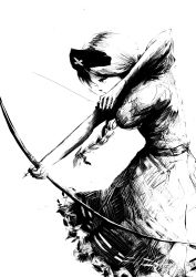 Rule 34 | 1girl, aiming, arrow (projectile), bow (weapon), braid, breasts, commentary, dress, faux traditional media, greyscale, hat, highres, large breasts, long hair, monochrome, nurse cap, ougibro (spookybro), ponytail, profile, short sleeves, simple background, single braid, solo, touhou, weapon, white background, yagokoro eirin