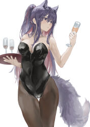 Rule 34 | 1girl, absurdres, alternate costume, animal ears, arknights, black hair, black leotard, black pantyhose, breasts, cleavage, commentary request, cowboy shot, cup, drinking glass, highres, holding, holding cup, holding tray, kittysuit, leotard, long hair, medium breasts, nontraditional playboy bunny, pantyhose, ponytail, simple background, slox, solo, standing, strapless, strapless leotard, texas (arknights), thighs, tray, very long hair, white background, wine glass, wolf ears