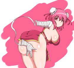 Rule 34 | 1girl, ass, bent over, breasts, butt crack, curvy, dress, female focus, from behind, hair ornament, hanging breasts, ibaraki kasen, large breasts, looking back, moisture (chichi), no bra, no panties, pink eyes, pink hair, short hair, sideboob, solo, standing, thighs, touhou