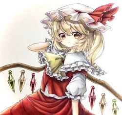 Rule 34 | 1girl, ascot, blonde hair, bow, crystal, flandre scarlet, frilled neckwear, frilled shirt collar, frilled sleeves, frills, hair between eyes, hat, hat ribbon, highres, hisako (6anmbblfnjueeff), medium hair, mob cap, one side up, puffy short sleeves, puffy sleeves, red bow, red eyes, red ribbon, red skirt, red vest, ribbon, shirt, short sleeves, sidelocks, skirt, smile, solo, touhou, traditional media, vest, white hat, white shirt, wings, yellow ascot