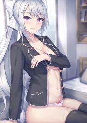 Rule 34 | 1girl, absurdres, black jacket, black thighhighs, blazer, blurry, blurry background, bow, bow panties, breasts, closed mouth, commentary request, covering privates, covering breasts, grey hair, hair bow, hair ornament, hairclip, highres, higuchi kaede, higuchi kaede (1st costume), indoors, jacket, large breasts, light blush, long hair, looking at viewer, mole, mole under eye, navel, nijisanji, no bra, ohguro mariya, on bed, open clothes, open jacket, panties, ponytail, purple eyes, school uniform, shelf, sitting, thighhighs, underwear, very long hair, virtual youtuber, white bow, white panties