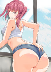 Rule 34 | 1girl, arched back, ass, bare shoulders, blush, breasts, denim, denim shorts, from behind, hand on own ass, huge ass, long hair, looking at viewer, looking back, medium breasts, moroheiya (moroheiya-works), orange eyes, original, purple hair, shiny skin, short shorts, shorts, sideboob, smile, solo, tank top, twintails, window