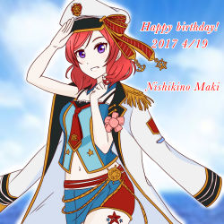 Rule 34 | 10s, bikini, blush, captain cap, gloves, happy birthday, love live!, love live! school idol festival, love live! school idol project, military, military uniform, nishikino maki, purple eyes, red hair, short hair, skirt, smile, swimsuit