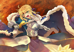 Rule 34 | 1girl, armor, armored dress, artoria pendragon (fate), blonde hair, blood, blood from mouth, blood on face, breastplate, cape, excalibur (fate/stay night), fate (series), fur-trimmed cape, fur trim, green eyes, highres, injury, juliet sleeves, long sleeves, open mouth, puffy sleeves, saber (fate), shouting, solo, sword, type-moon, weapon, yotsuda nashiki
