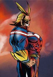 Rule 34 | 10s, 1boy, all might, anatomical nonsense, antenna hair, bad anatomy, bad perspective, bad proportions, belt, blonde hair, bodysuit, boku no hero academia, clenched hand, cowboy shot, eyebrows, gradient background, grin, happy, highres, looking at viewer, male focus, mullet, muscular, parody, profile, raider fry, rob liefeld (style), shaded face, short hair, sideways glance, smile, standing, superhero costume, teeth, thick eyebrows, thick outlines, yagi toshinori