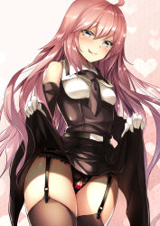 Rule 34 | 10s, 1girl, ahoge, aqua eyes, bare shoulders, censored, crotchless, crotchless panties, detached sleeves, dies irae, garter belt, garter straps, gloves, hatori mia, highres, licking lips, long hair, looking at viewer, naughty face, panties, pink hair, rusalka schwagerin, shinza bansho series, smile, solo, thighhighs, tongue, tongue out, underwear