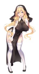 Rule 34 | 1girl, black footwear, blonde hair, blue eyes, breasts, bridal gauntlets, covered erect nipples, cross, do as ~shinpu-sama no iinari~, full body, garter belt, garter straps, habit, high heels, huge breasts, leaning forward, long hair, looking at viewer, non-web source, nun, official art, open mouth, pelvic curtain, photoshop (medium), pumps, solo, sophia ende, standing, tachi-e, thighhighs, tonchiki panchi, transparent background, twintails, very long hair, white thighhighs