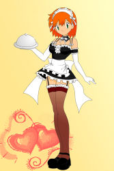 Rule 34 | 1girl, alternate costume, alternate hairstyle, apron, arm at side, back bow, bare shoulders, bow, bowtie, choker, closed mouth, collarbone, creatures (company), detached collar, dress, elbow gloves, enmaided, facing viewer, frilled apron, frills, frontal upskirt, full body, game freak, garter straps, gloves, gradient background, green eyes, gym leader, hand up, heart, heart background, highres, jimryu, legs together, looking at viewer, maid, maid apron, maid headdress, misty (pokemon), neck ribbon, nintendo, orange hair, outstretched hand, panties, panty peek, pokemon, pokemon (anime), pokemon (classic anime), ribbon, short dress, short hair, side ponytail, sleeveless, sleeveless dress, smile, solo, standing, thighhighs, tray, underwear, waist apron, white apron, white gloves, white neckwear, white panties, yellow background, zettai ryouiki