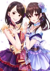 Rule 34 | 2girls, :d, animification, back bow, blue dress, blue flower, blush, bow, breasts, bridal gauntlets, brown eyes, brown hair, choker, cleavage, collar, confetti, dress, earrings, fingernails, floral print, flower, frilled dress, frills, fujiwara hajime, gloves, grin, hair bow, hair flower, hair ornament, hand on own chest, highres, holding hands, idolmaster, idolmaster cinderella girls, jewelry, lace, lace gloves, layered dress, lips, looking at viewer, medium hair, misumi (macaroni), multiple girls, nail polish, necklace, obi, open mouth, purple bow, purple collar, purple dress, real life, sash, short sleeves, sidelocks, sleeveless, sleeveless dress, small breasts, smile, standing, suzuki minori, swept bangs, teeth, voice actor connection, white background, wrist cuffs, yellow flower