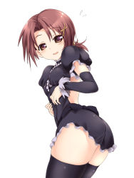 Rule 34 | 10s, 1girl, back, black thighhighs, blush, brown hair, dress, hair ornament, hino akane (smile precure!), looking back, open mouth, ponytail, precure, red eyes, short hair, smile, smile precure!, sora to umi, thighhighs