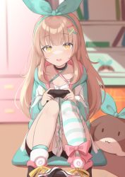 Rule 34 | 1girl, :o, absurdres, black choker, blue bow, blue hoodie, bow, choker, collarbone, controller, game controller, hair bow, head tilt, highres, holding, holding controller, hood, hoodie, indie virtual youtuber, klaius, nanahira, open mouth, pink bow, single thighhigh, sitting, solo, striped clothes, striped thighhighs, thighhighs, two-tone hoodie, virtual youtuber, white hoodie, yellow eyes