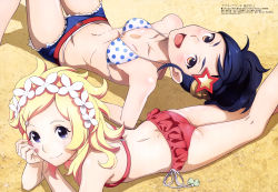 Rule 34 | 10s, 2girls, :d, absurdres, asabuki kogane, ass, bikini, blonde hair, blue eyes, blue hair, breasts, bubuki buranki, butt crack, day, frilled bikini, frills, from above, hair ornament, head rest, highres, kanno chie, kazuki kaoruko, kneepits, looking at viewer, lying, multiple girls, navel, official art, on back, on stomach, open mouth, outdoors, pink bikini, polka dot, polka dot bikini, red bikini, scan, short shorts, shorts, skindentation, small breasts, smile, swimsuit, yellow eyes
