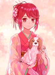 Rule 34 | 1girl, 2018, animal, blush, carrying, dog, earrings, highres, japanese clothes, jewelry, kimono, looking at viewer, new year, nintendo, pyra (xenoblade), red eyes, red hair, saito (pigrank), short hair, simple background, smile, solo, tiara, xenoblade chronicles (series), xenoblade chronicles 2, xenoblade chronicles (series), xenoblade chronicles 2