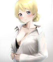 Rule 34 | 1girl, black bra, blonde hair, blouse, blue eyes, blush, bra, braid, breasts, cleavage, collarbone, commentary request, commission, darjeeling (girls und panzer), dressing, girls und panzer, highres, large breasts, long sleeves, looking at viewer, pixiv commission, shirt, short hair, simple background, smile, solo, striped, tama (tamago), underwear, upper body, white background, white shirt