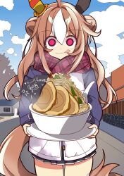 Rule 34 | 1girl, :p, animal ears, blue coat, blue sky, bowl, brown hair, character name, closed mouth, cloud, cloudy sky, coat, commentary, copano rickey (umamusume), cowboy shot, crazy eyes, day, double bun, ear covers, english text, food, hair bun, highres, holding, holding plate, horse ears, horse girl, horse tail, long hair, long sleeves, looking at viewer, miniskirt, multicolored coat, multicolored hair, noodles, outdoors, plaid, plaid scarf, plate, pleated skirt, purple eyes, purple scarf, ramen, scarf, single ear cover, skirt, sky, smile, solo, standing, tail, toggles, tongue, tongue out, translated, two-tone coat, two-tone hair, umamusume, wahiko (black bastard), white coat, white hair