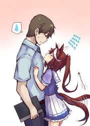 Rule 34 | 1boy, 1girl, absurdres, afterimage, animal ears, blue shirt, blush, brown hair, collared shirt, commentary request, ear wiggle, flying sweatdrops, height difference, hetero, highres, horse ears, horse girl, horse tail, incoming kiss, long hair, looking down, notebook, ponytail, school uniform, shirt, shirt grab, soramuko, speed lines, spoken sweatdrop, sweatdrop, tail, tail wagging, tokai teio (umamusume), tracen school uniform, trainer (umamusume), umamusume
