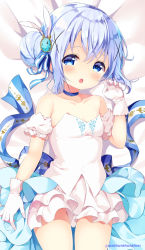 Rule 34 | 1girl, :o, bare shoulders, bed sheet, blue bow, blue choker, blue eyes, blue hair, blush, bow, breasts, choker, collarbone, commentary request, detached sleeves, double bun, dress, gloves, gochuumon wa usagi desu ka?, hair between eyes, hair bow, hair bun, hair ornament, hand up, highres, kafuu chino, lying, neki (wakiko), no panties, on back, open mouth, puffy short sleeves, puffy sleeves, short sleeves, sidelocks, small breasts, solo, strapless, strapless dress, striped, striped bow, twitter username, white dress, white gloves, white sleeves, x hair ornament