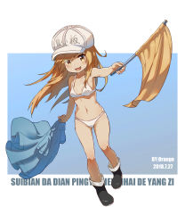 Rule 34 | 10s, 1girl, 2018, :3, absurdres, arm up, armpits, bad id, bad pixiv id, bikini, black footwear, blue shirt, boots, brown eyes, brown hair, commentary request, dated, flag, hat, hataraku saibou, highres, holding, holding clothes, holding shirt, long hair, navel, no pants, open mouth, outstretched arm, pinyin text, platelet (hataraku saibou), shirt, unworn shirt, smile, solo, swimsuit, white bikini