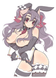 Rule 34 | 1girl, akatsuki francesca, animal ears, black hair, blush stickers, breasts, rabbit tail, censored, cleavage, convenient censoring, demon girl, elbow gloves, elf, frills, gloves, hair censor, hair over breasts, horns, huge breasts, leotard, mel/a, mature female, original, pointy ears, race queen, red eyes, solo, demon girl, tail, thighhighs, thighs, topless, twintails