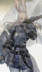 Rule 34 | 1boy, absurdres, animal ears, armor, warrior of light (ff14), belt, blonde hair, blue eyes, breastplate, cape, commentary, covered mouth, cowboy shot, faulds, final fantasy, final fantasy xiv, gauntlets, hand up, highres, holding, holding shield, holding sword, holding weapon, leg armor, long hair, looking at viewer, male focus, moon, paladin (final fantasy), pauldrons, rabbit ears, shield, shoulder armor, solo, standing, sword, tladpwl03, viera, weapon, white background, white cape