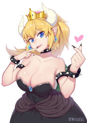 Rule 34 | 1girl, absurdres, armlet, bad id, bad pixiv id, bare shoulders, blonde hair, blue eyes, bowsette, bracelet, breasts, cleavage, dated, fingernails, highres, horns, huge breasts, jewelry, large breasts, long hair, looking at viewer, mario (series), new super mario bros. u deluxe, nintendo, open mouth, pointy ears, ponytail, sharp fingernails, simple background, smile, solo, spiked armlet, spiked bracelet, spikes, white background, yuanye