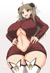 Rule 34 | 10s, 1girl, ahoge, breasts, brown eyes, brown hair, bun cover, center opening, curvy, double bun, earrings, female focus, hair bun, hands on own hips, highres, huge breasts, jadf, jewelry, large breasts, long hair, looking at viewer, open mouth, renka (senran kagura), senran kagura, shiny skin, simple background, smile, solo, tagme, teeth, thick thighs, thighhighs, thighs, wide hips