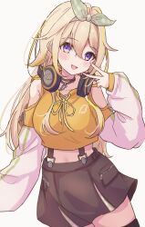Rule 34 | 1girl, absurdres, blonde hair, blush, bow, bow hairband, breasts, brown skirt, clothing cutout, commentary request, cowboy shot, drawstring, fingernails, green bow, hair between eyes, hair bow, hairband, headphones, headphones around neck, highres, hood, hood down, hoodie, ieiri popo, ieiri popo (2nd costume), jewelry, large breasts, long bangs, long hair, long sleeves, looking at viewer, midriff, multicolored hair, nanashi inc., necklace, official alternate costume, open mouth, plaid, plaid bow, purple eyes, shishishi, shoulder cutout, sidelocks, simple background, skirt, smile, solo, streaked hair, suspender skirt, suspenders, v, virtual youtuber, white background, yellow hoodie