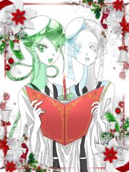 Rule 34 | 2others, androgynous, blue eyes, blue hair, book, candle, christmas, colored eyelashes, crystal hair, easty, euclase (houseki no kuni), eyes visible through hair, gem uniform (houseki no kuni), green eyes, green hair, grey eyes, hat, heterochromia, houseki no kuni, jade (houseki no kuni), long hair, looking at viewer, multicolored hair, multiple others, necktie, open mouth, robe, short hair, smile, thick eyebrows, two-tone hair, upper body, white eyes, white hair