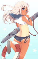 Rule 34 | 10s, 1girl, :o, blonde hair, blue eyes, butt crack, crop top, flower, from behind, gradient background, hair flower, hair ornament, kantai collection, lifebuoy, long hair, looking back, one-piece swimsuit, one-piece tan, open mouth, ro-500 (kancolle), school uniform, serafuku, slippers, solo, star (symbol), starry background, swim ring, swimsuit, tan, tanline, tareme, torpedo, watanon (gakushokutei)