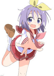 Rule 34 | 1girl, absurdres, bow, brown footwear, cynical (llcbluckg c004), hair bow, highres, hiiragi tsukasa, leg up, loafers, lucky star, open mouth, outstretched arm, pleated skirt, purple eyes, purple hair, red skirt, ribbon, school uniform, serafuku, shirt, shoes, unworn shoes, short hair, skirt, socks, solo, standing, standing on one leg, thighs, tripping, white shirt, white socks