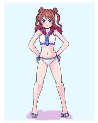 Rule 34 | 1girl, angry, bare legs, bikini, blue background, blue bow, blue eyes, blue neckerchief, blue sailor collar, blush, bow, commentary request, dot nose, full body, gakuen idolmaster, hanami saki, hands on own hips, highres, idolmaster, kelvin1996c, legs, looking at viewer, medium hair, navel, neckerchief, pout, red hair, sailor collar, sailor swimsuit (idolmaster), sandals, shadow, sidelocks, solo, standing, stomach, swimsuit, thighs, twintails, v-shaped eyebrows, white bikini, white footwear
