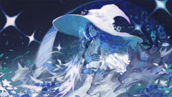 Rule 34 | 1girl, agong, blue hair, blue skin, blue theme, closed mouth, colored skin, dress, elden ring, extra arms, hand on own chest, hat, highres, light smile, long hair, one eye closed, petting, plant, ranni the witch, white dress, white hair, wolf
