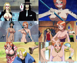 Rule 34 | 3girls, 4boys, bird, breasts, hattori (one piece), kalifa (one piece), monkey d. luffy, multiple boys, multiple girls, nico robin, nipples, nude, nude filter, one piece, pigeon, pussy, rob lucci, roronoa zoro, sanji (one piece), shoulder perch, third-party edit, uncensored