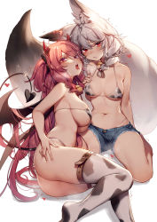 Rule 34 | 2girls, absurdres, after kiss, animal ears, animal print, ass, bell, blush, breasts, copyright request, cow print, de da xianyu, demon horns, demon tail, demon wings, heart, highres, horns, large tail, long hair, multiple girls, navel, pink hair, red eyes, saliva, saliva trail, shorts, sweat, tail, tears, tongue, white hair, wings, yuri