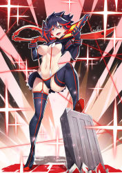 Rule 34 | 1girl, :d, artist name, black gloves, black hair, black skirt, black thighhighs, blush, breasts, full body, gainoob, gloves, gluteal fold, highres, kill la kill, large breasts, leg up, light particles, looking at viewer, matoi ryuuko, miniskirt, multicolored hair, navel, open mouth, purple eyes, red hair, revealing clothes, scissor blade (kill la kill), short hair, showgirl skirt, skirt, smile, solo, sparkle, standing, stomach, streaked hair, suspender skirt, suspenders, thighhighs, two-tone hair, underboob, v-shaped eyebrows