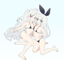 Rule 34 | 2girls, ahoge, arm support, bangs pinned back, bikini, black bikini, blue archive, blue eyes, blunt bangs, bow, breasts, cherino (blue archive), collarbone, fake facial hair, fake mustache, feet, full body, gradient background, hair bow, hair tie, highres, hina (blue archive), long hair, looking at viewer, micro bikini, multiple girls, pink eyes, side ponytail, simple background, small breasts, smile, swimsuit, thighs, very long hair, wavy hair, white hair, yan wan