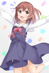 Rule 34 | 1girl, :d, blue dress, blurry, blush, bow, bowtie, brown hair, commentary request, confetti, depth of field, dress, fang, feet out of frame, happy, highres, hoshino hinata, jumping, keito4f, long sleeves, looking at viewer, notice lines, open mouth, outstretched arms, pinafore dress, red bow, red bowtie, red eyes, sailor dress, school uniform, short hair, skin fang, sleeveless dress, smile, socks, solo, split mouth, spread arms, watashi ni tenshi ga maiorita!, white background, white socks