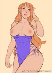 Rule 34 | 1girl, alternate costume, ass, bracelet, breasts, breasts out, curvy, dress, female focus, jewelry, kalruna, large breasts, long hair, nami (one piece), nami (one piece) (zou), one piece, orange hair, short dress, smile, solo, thighs, very long hair, wide hips