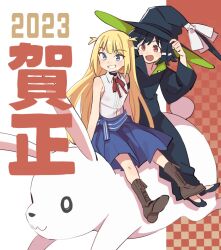 Rule 34 | 2023, 2girls, aki poi, animal, arm up, black footwear, black hair, black headwear, black robe, blonde hair, blue eyes, blue skirt, boots, brown footwear, checkered background, collared shirt, commentary request, grin, hand on headwear, hat, long sleeves, multiple girls, nengajou, new year, original, oversized animal, pleated skirt, red eyes, robe, shirt, shoe soles, shoes, sitting, sitting on animal, skirt, sleeveless, sleeveless shirt, smile, white shirt, wide sleeves, witch hat