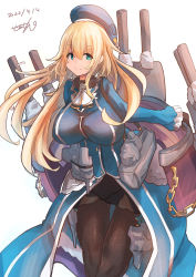 Rule 34 | 1girl, absurdres, atago (kancolle), beret, black gloves, black pantyhose, blonde hair, blue hat, breasts, cannon, dated, frilled sleeves, frills, gloves, green eyes, hat, highres, kantai collection, large breasts, long hair, long sleeves, military, military uniform, pantyhose, rigging, saamon (salmonkomaku), smile, solo, turret, uniform