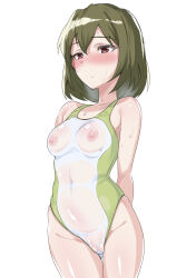 Rule 34 | 1girl, absurdres, arms behind back, blush, breasts, brown hair, commentary request, competition swimsuit, covered navel, echihiro, highres, idolmaster, idolmaster million live!, medium breasts, nagayoshi subaru, nipples, one-piece swimsuit, red eyes, see-through, see-through swimsuit, short hair, simple background, solo, swimsuit, wet, wet clothes, wet swimsuit, white background